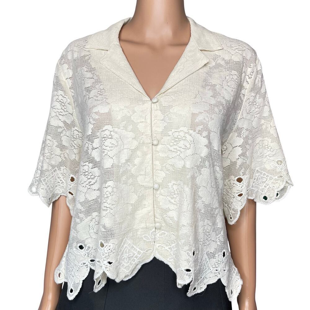 A loves a woven embroidered lace button front Shirt L Cream New scalloped trim